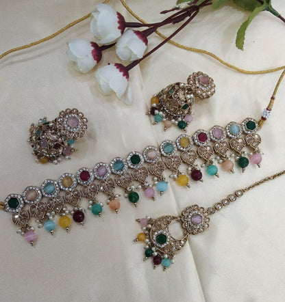 Multi color Choker Indian Malika jewellery set