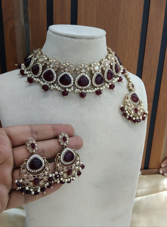 Maroon Choker Indian Muskan jewellery set