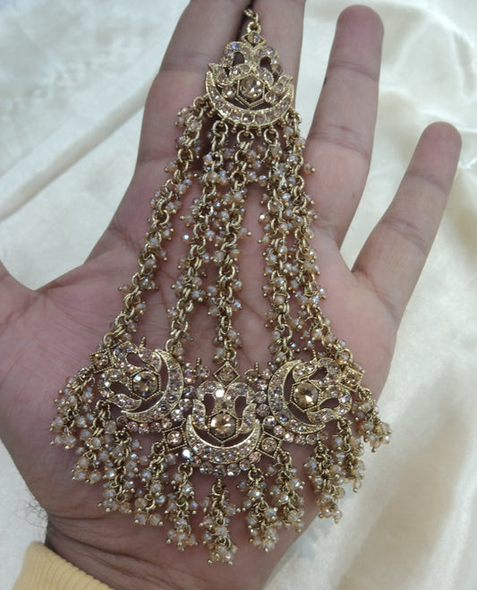 Antique golden Jhumar Jhoomer Headpassa Bridal Passa/Pakistani side Headpiece