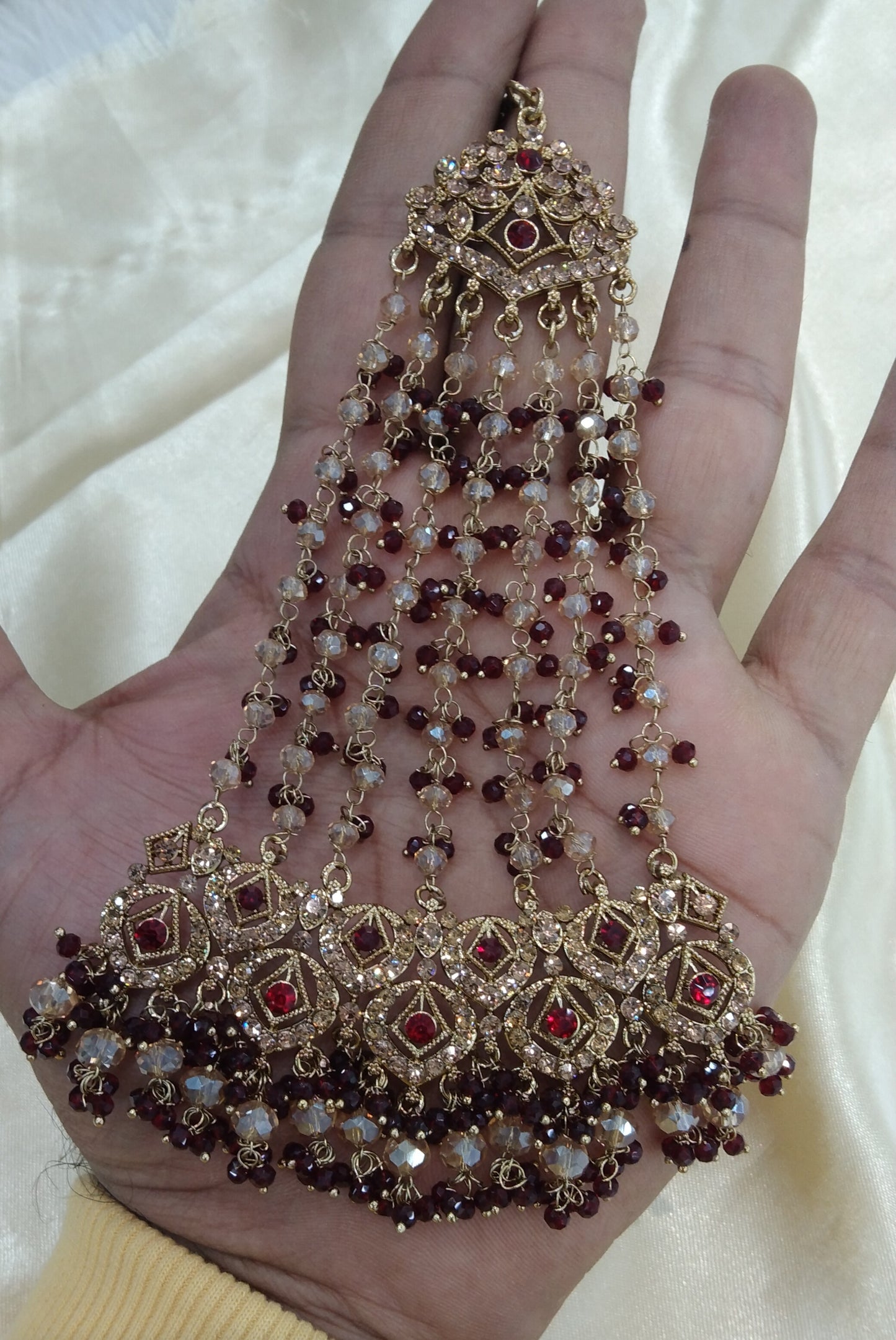 Maroon Jhumar Jhoomer Headpassa Bridal Passa/Pakistani side Headpiece