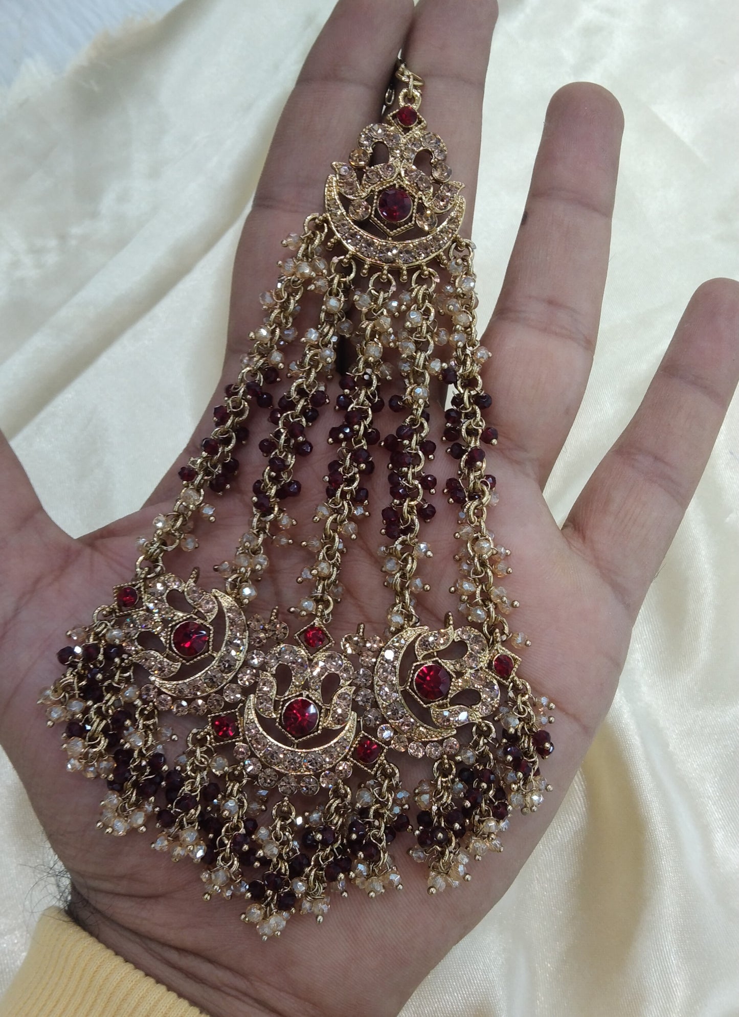 Maroon Jhumar Jhoomer Headpassa Bridal Passa/Pakistani side Headpiece