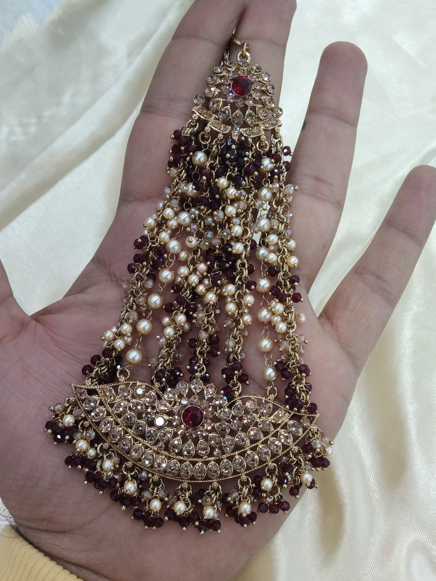 Maroon Jhumar Jhoomer Headpassa Bridal Passa/Pakistani side Headpiece