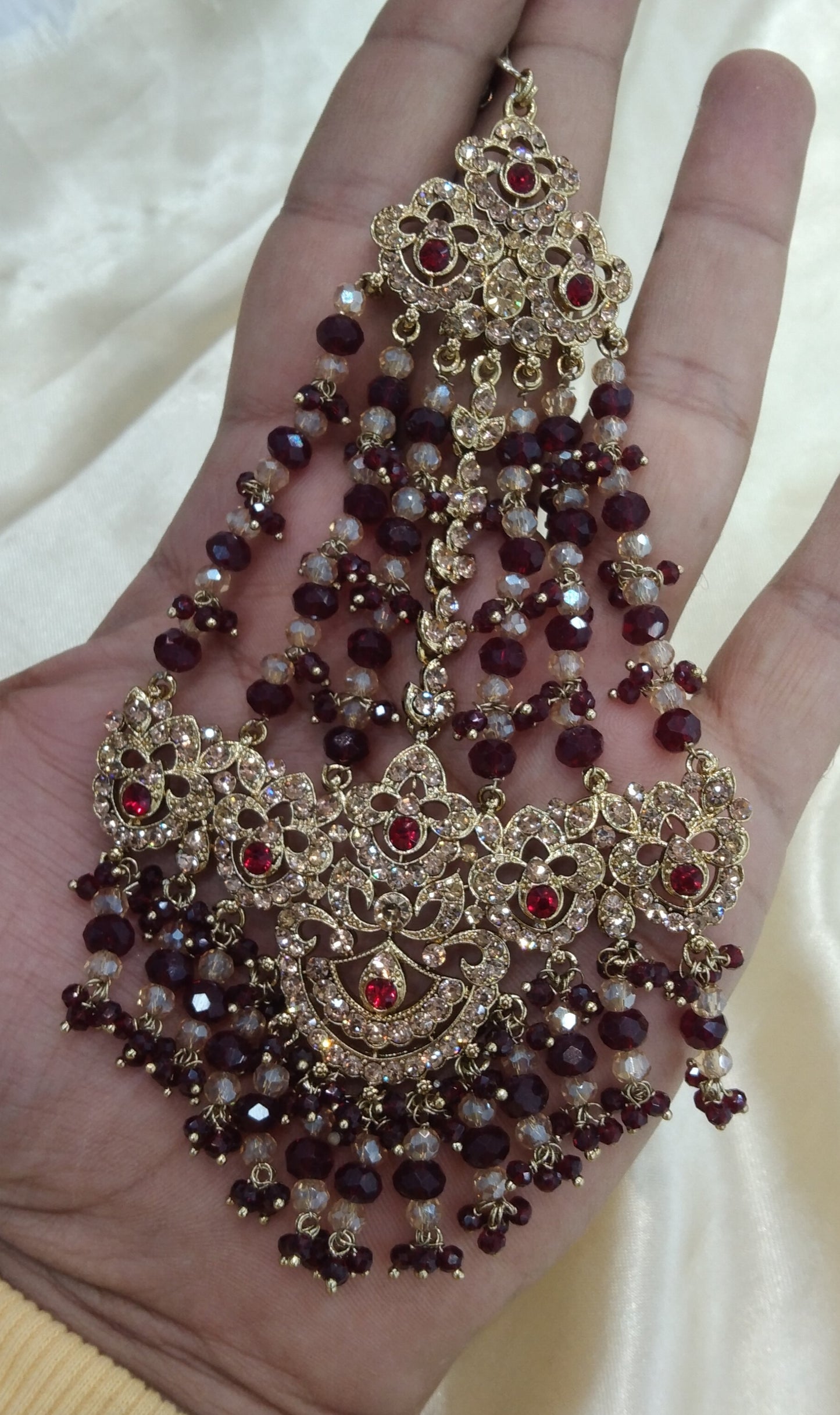 Maroon Jhumar Jhoomer Headpassa Bridal Passa/Pakistani side Headpiece