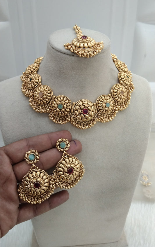 Multi Colour Gold polki necklace set Indian Irya Jewellery