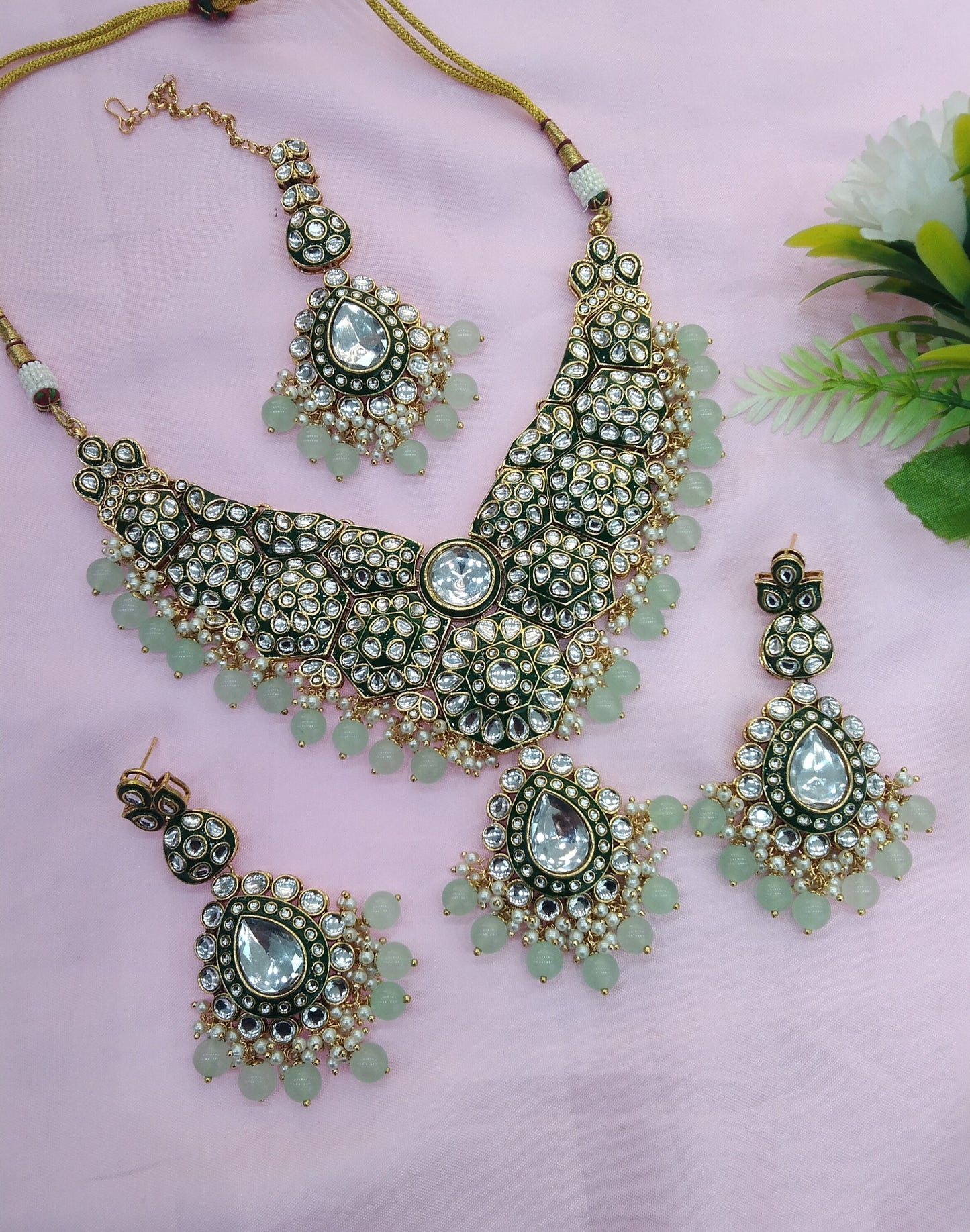 Pista Kundan necklace Indian jewelry Like set