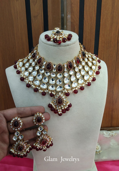 Maroon Kundan Necklace Indian Jewelry Lite Set