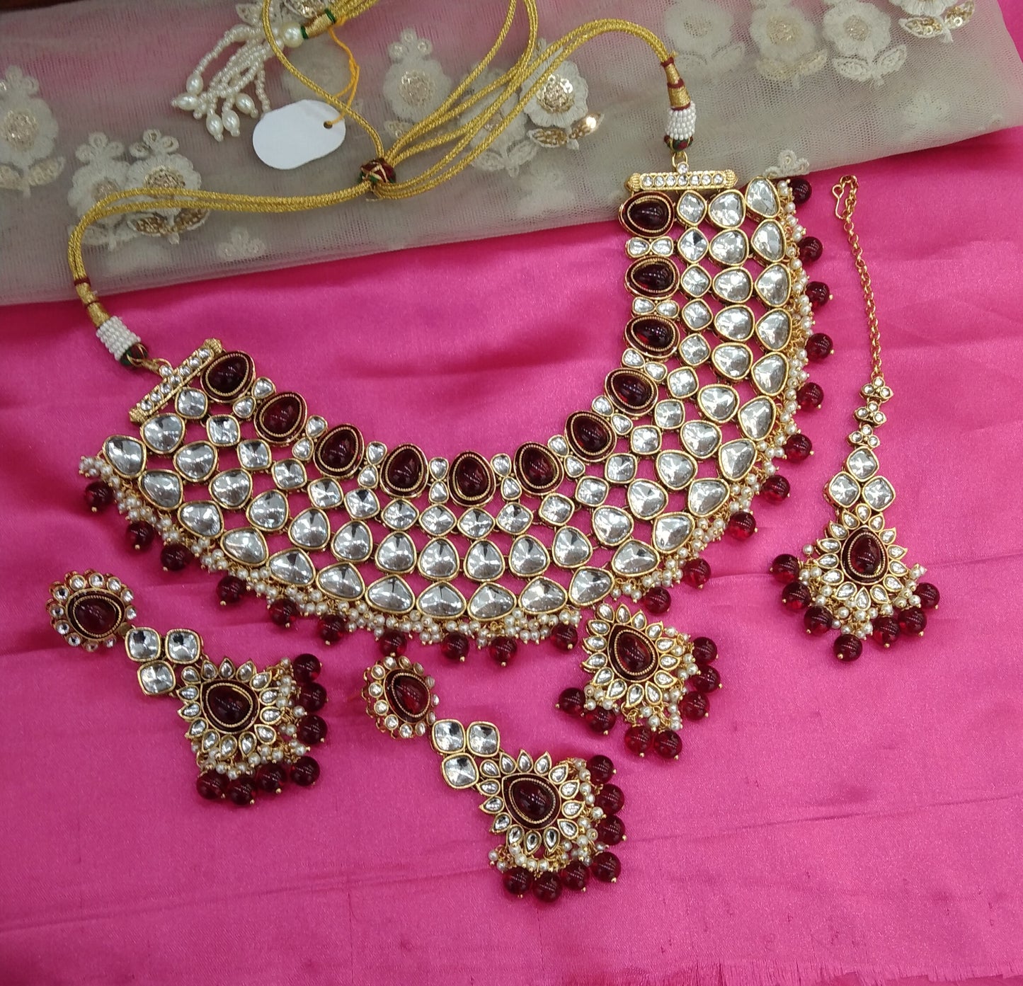 Maroon Kundan Necklace Indian Jewelry Lite Set