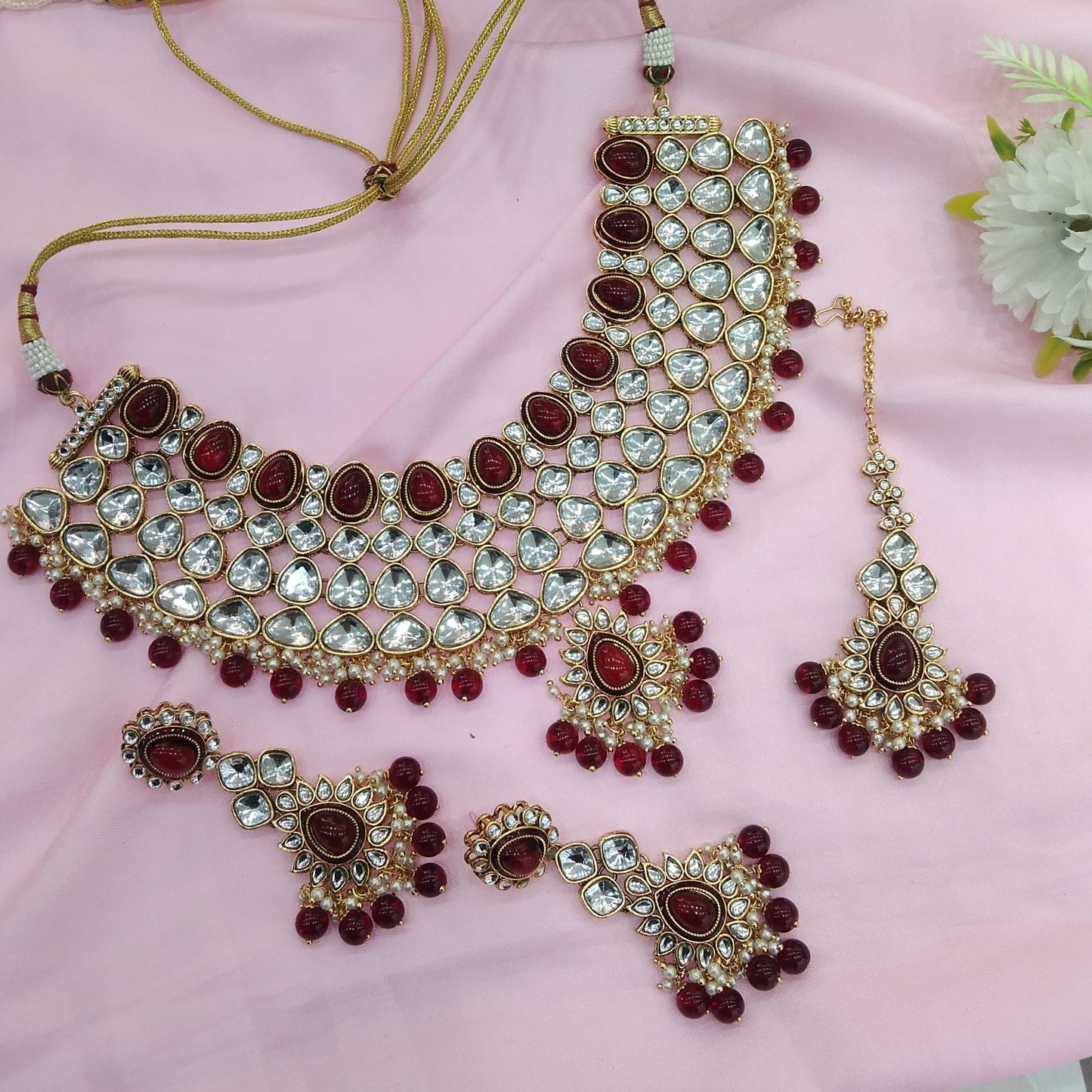 Maroon Kundan Necklace Indian Jewelry Lite Set