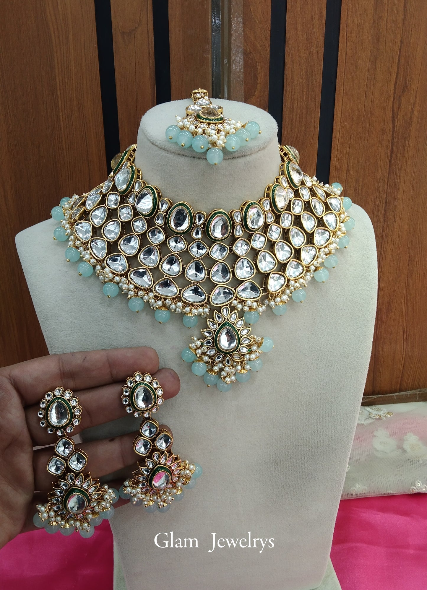 Sea Green Kundan Necklace Indian Jewelry Lite Set