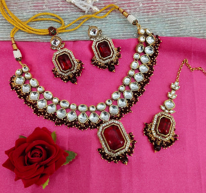 Maroon  Kundan Necklace Indian Jewelry Legend Set