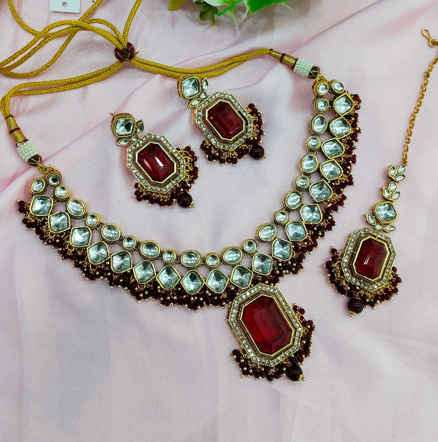 Maroon  Kundan Necklace Indian Jewelry Legend Set