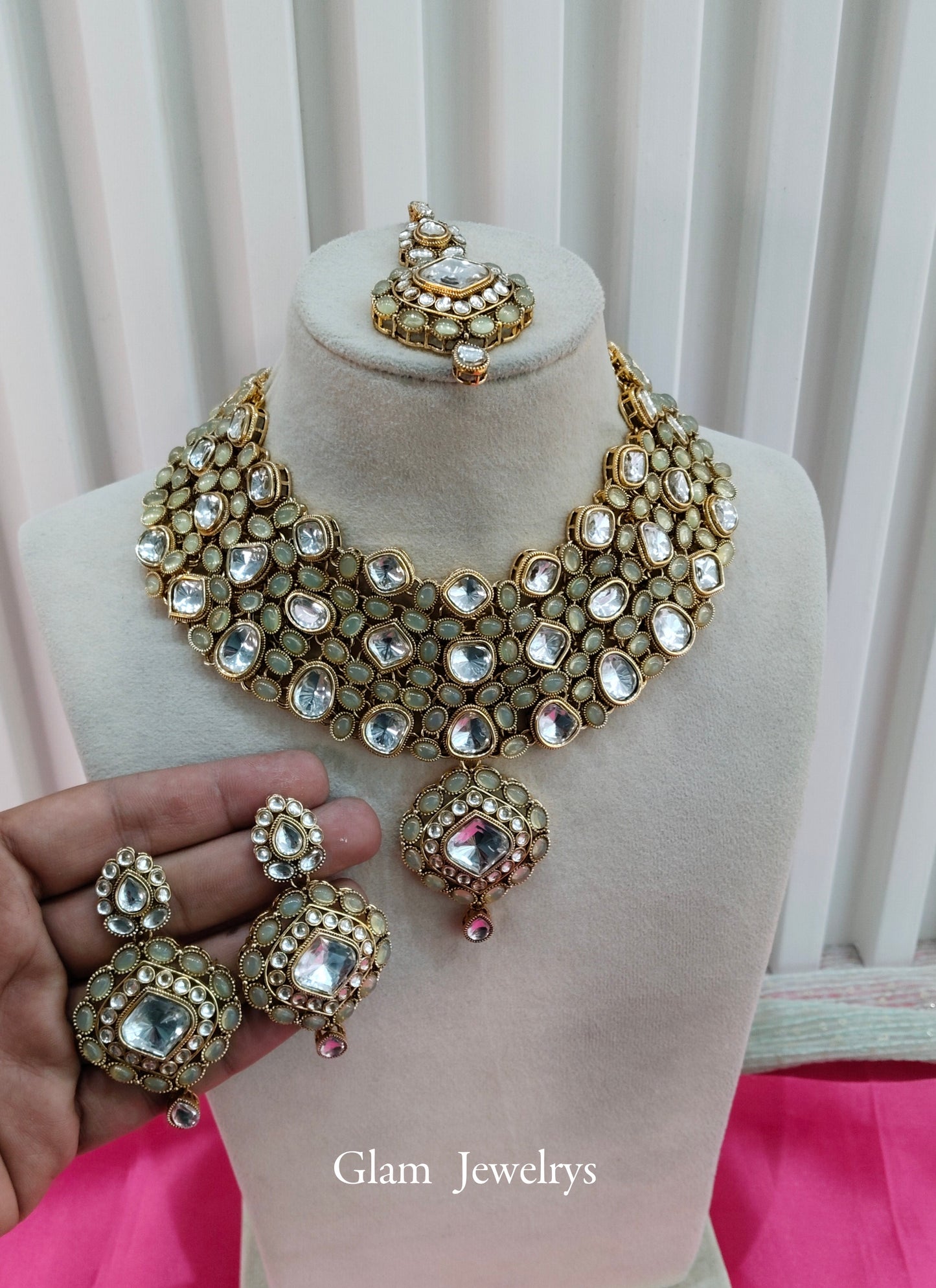 Pastel Green Kundan Necklace Indian Jewelry Life Set