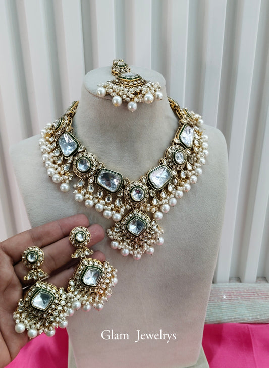 Gold White Kundan Necklace Indian Jewelry London Set