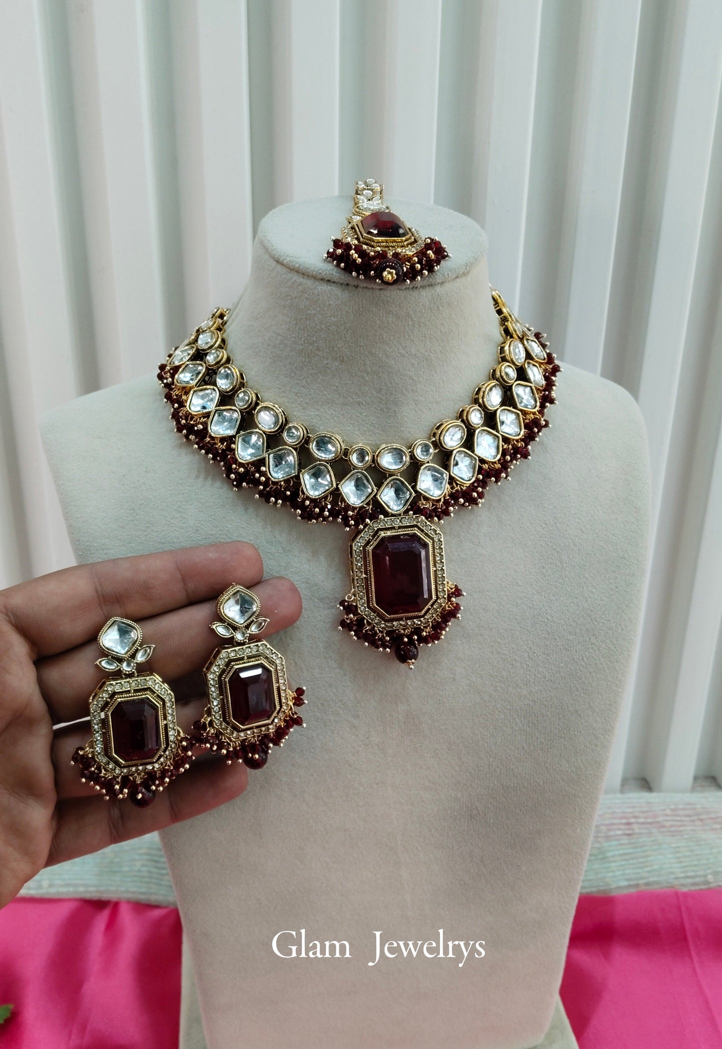 Maroon  Kundan Necklace Indian Jewelry Legend Set