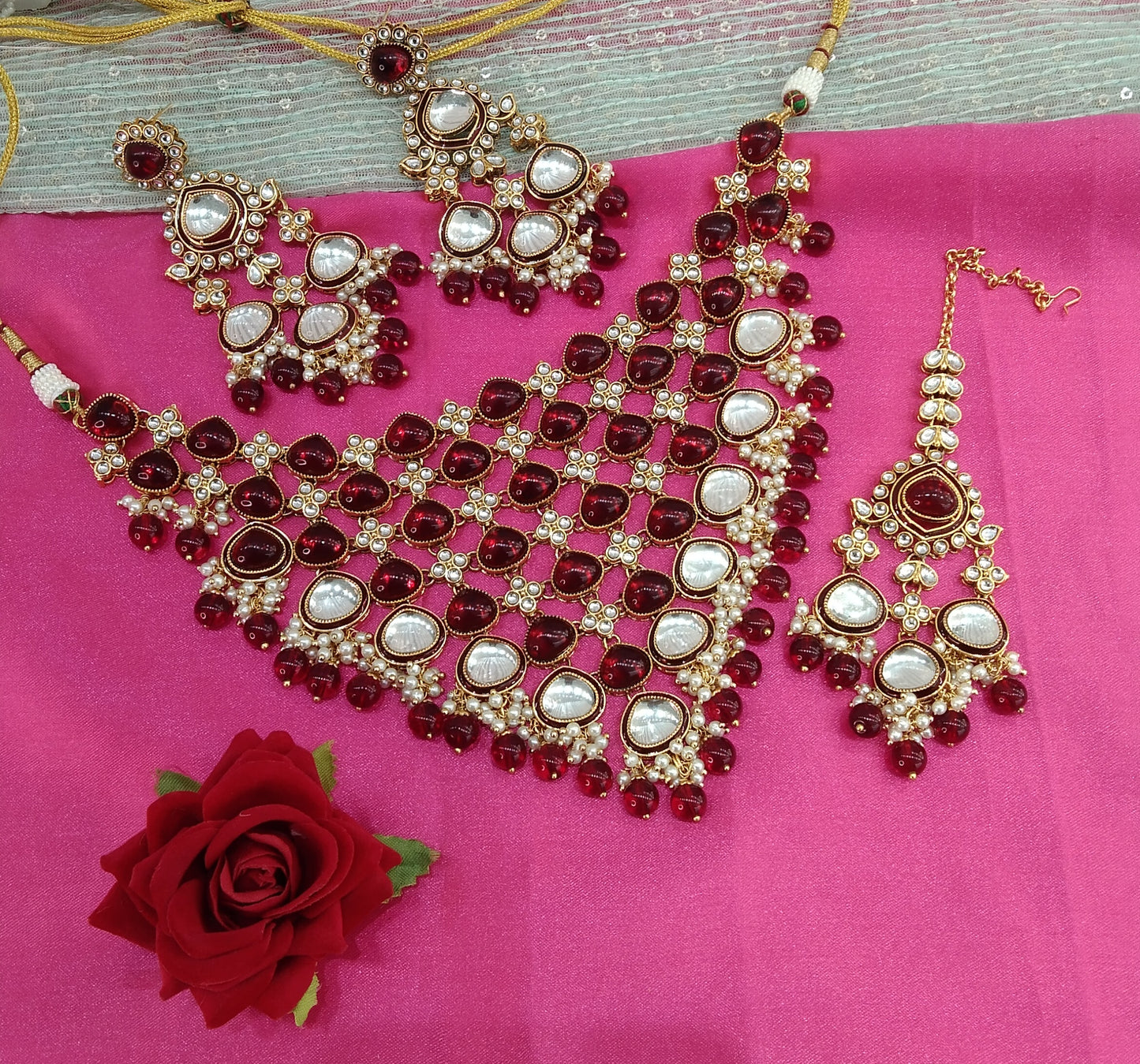 Maroon Kundan Necklace Indian Jewelry Land Set