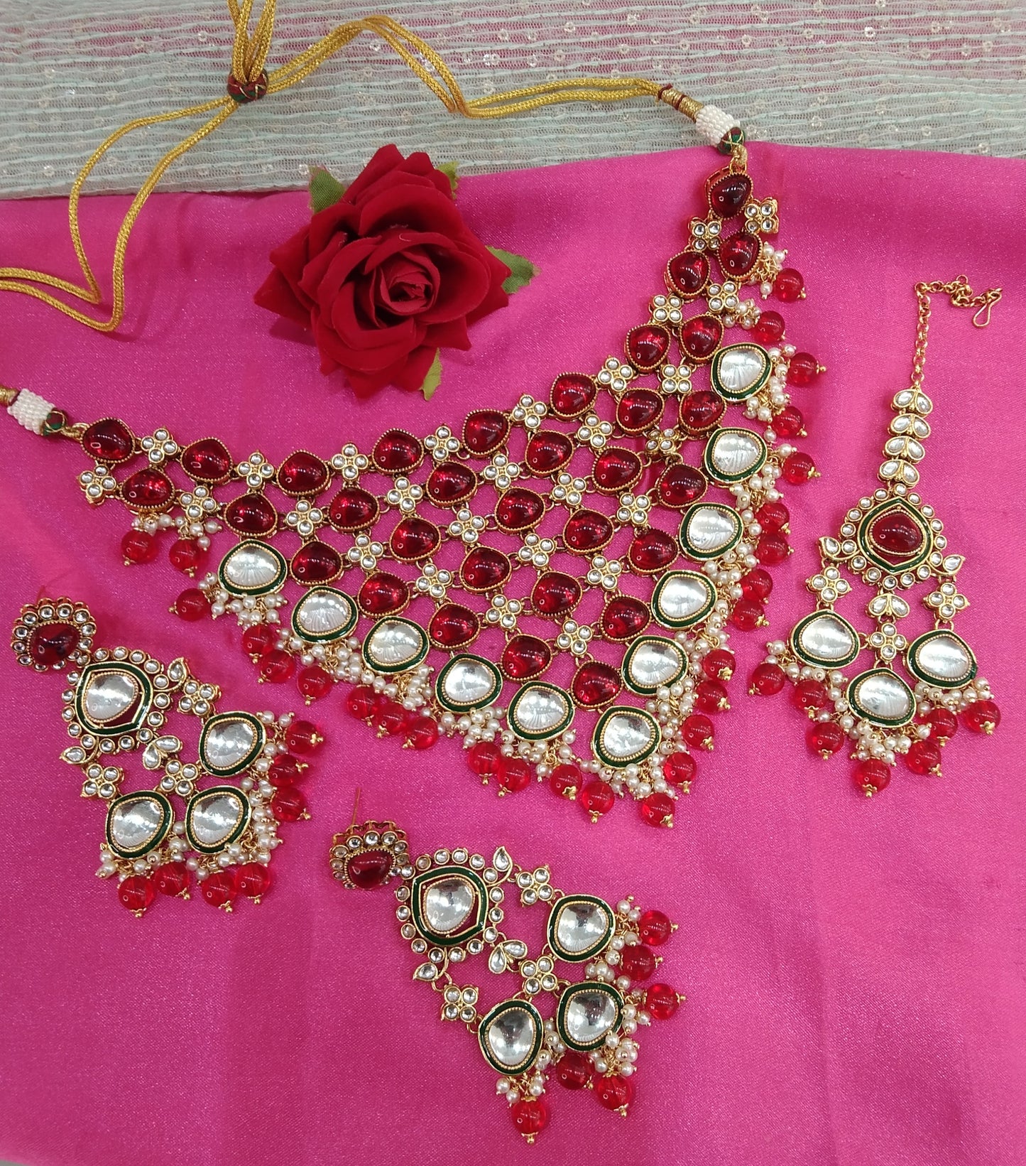 Red Kundan Necklace Indian Jewelry Land Set