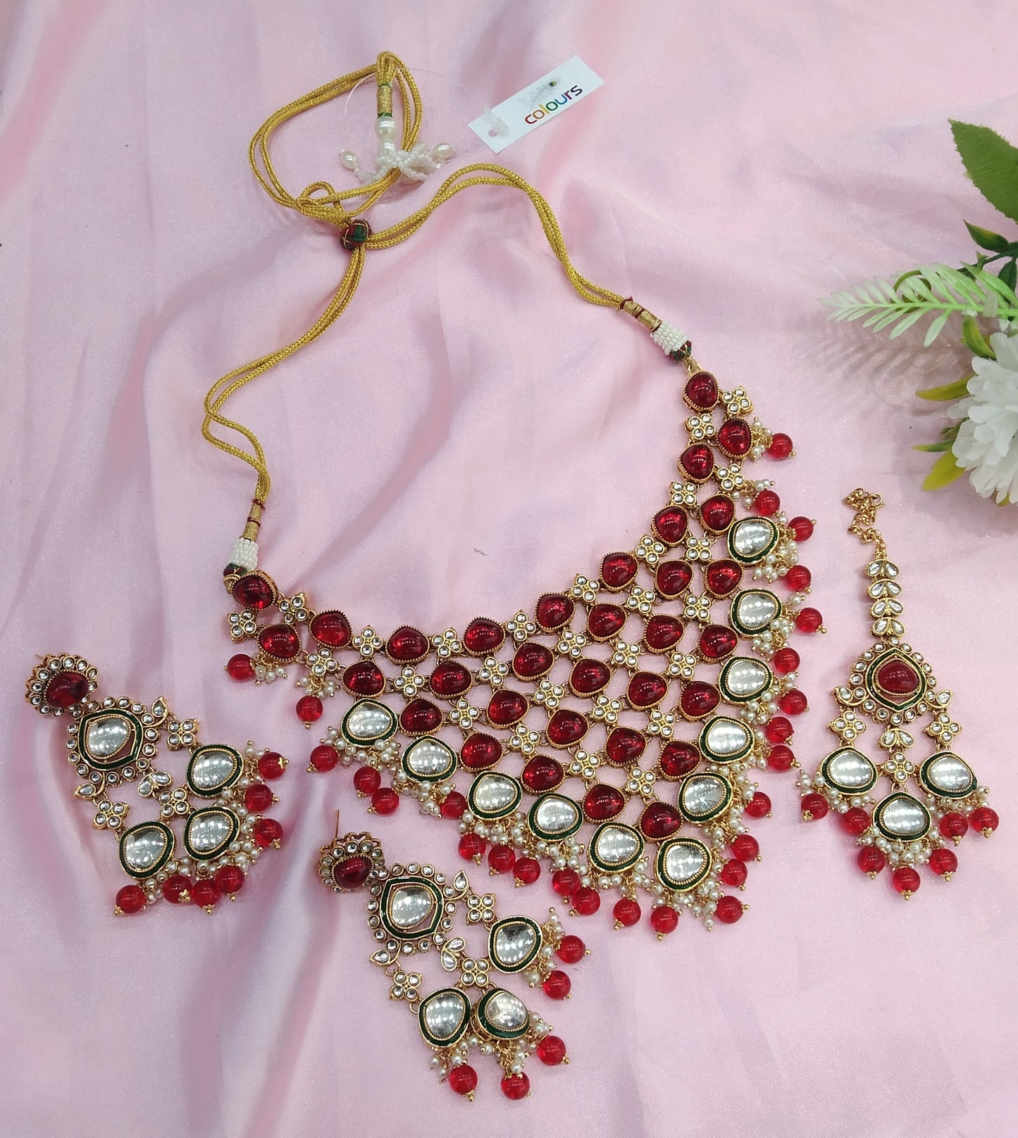 Red Kundan Necklace Indian Jewelry Land Set