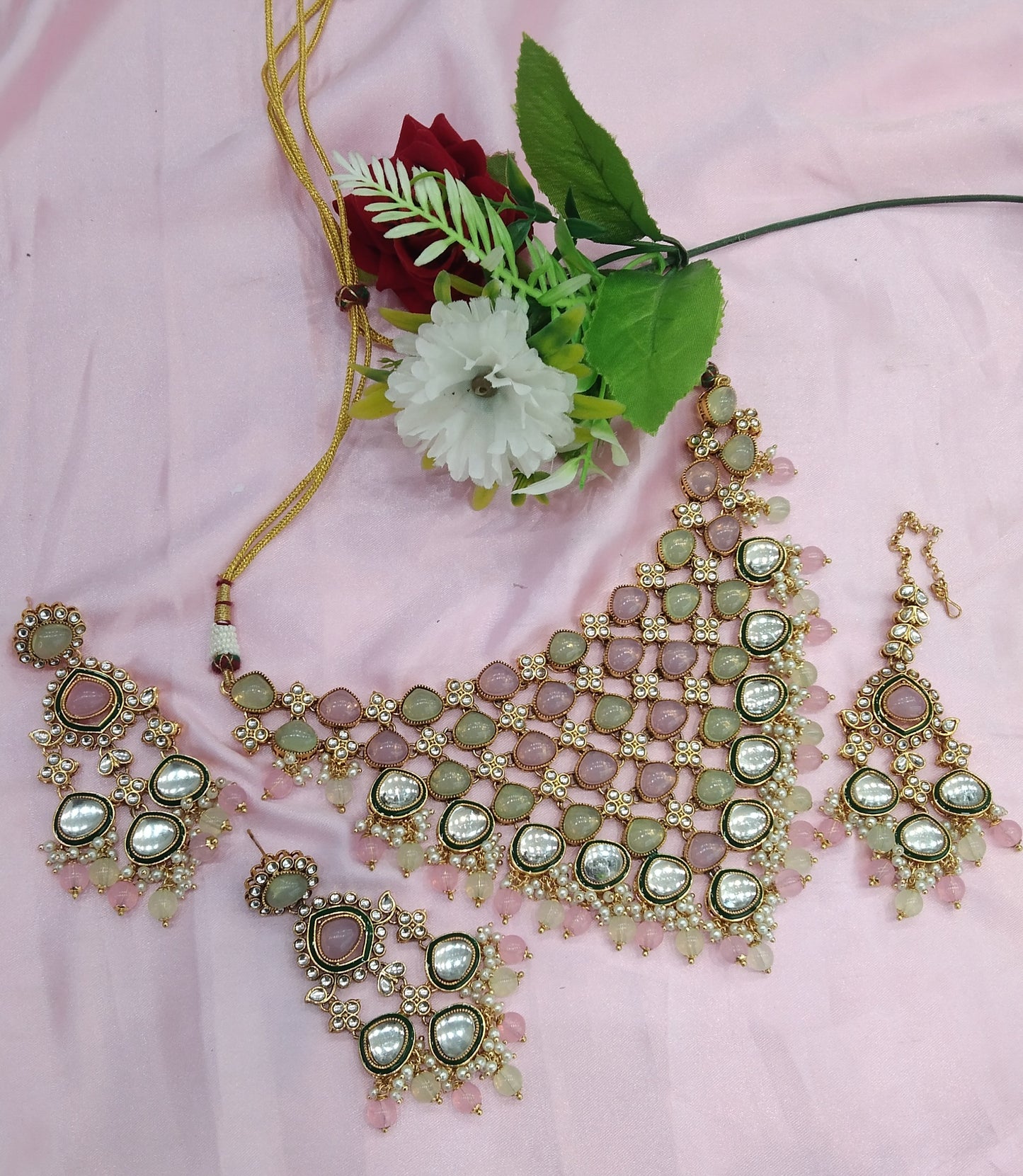 Mint Pink Kundan Necklace Indian Jewelry Land Set