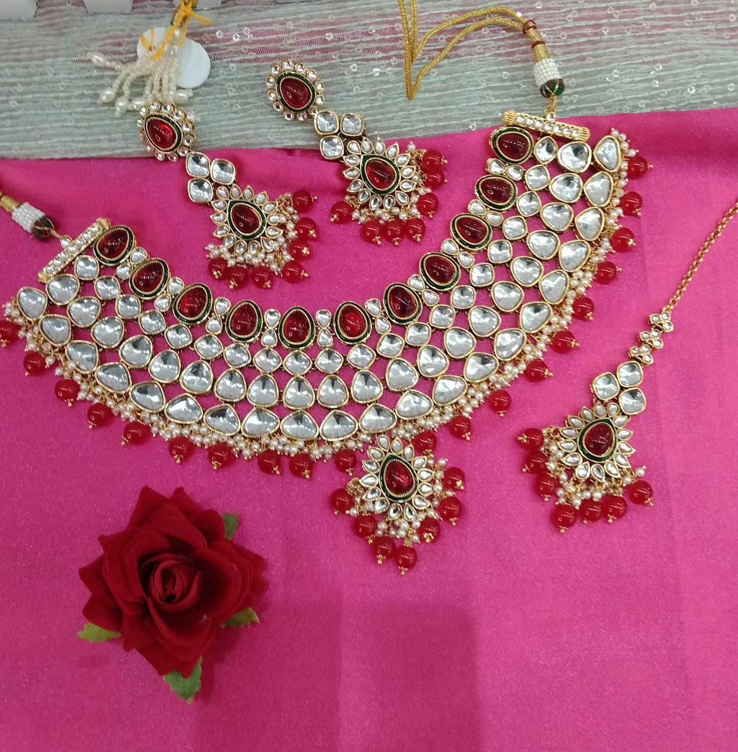 Red Kundan Necklace Indian Jewelry Lite Set