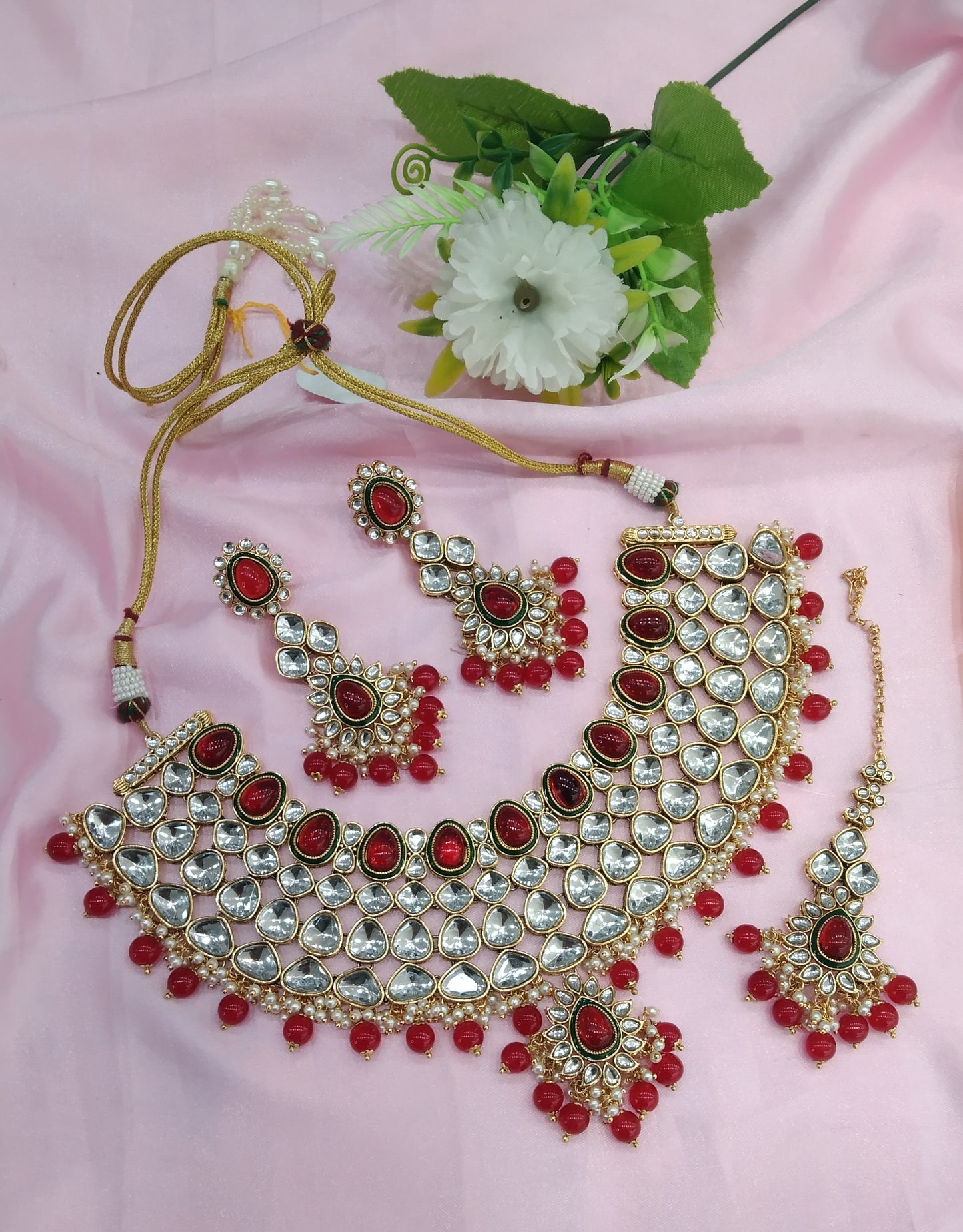 Red Kundan Necklace Indian Jewelry Lite Set