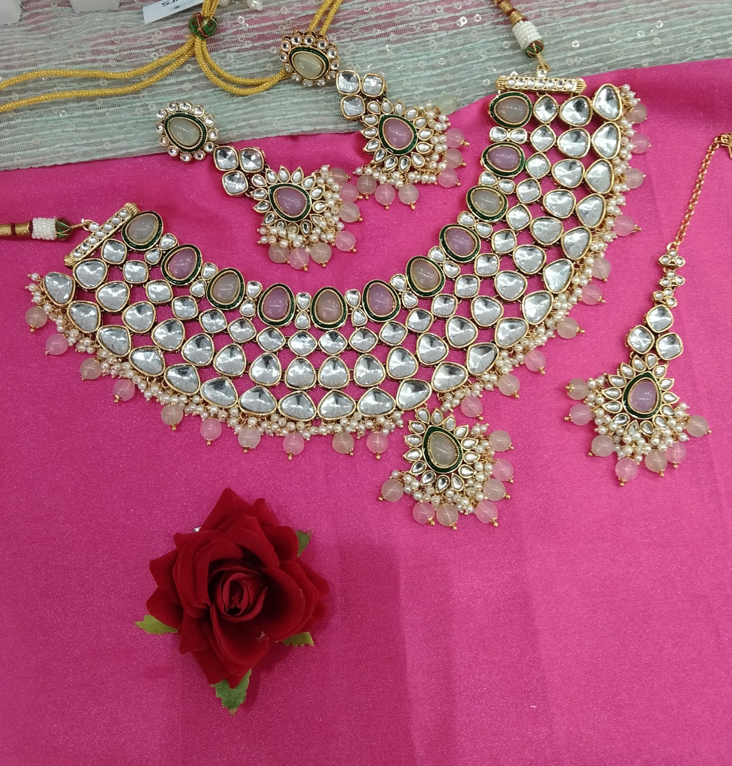 Mint Pink Kundan Necklace Indian Jewelry Lite Set