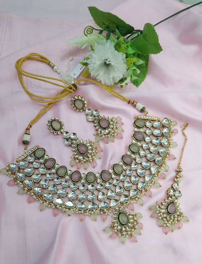 Mint Pink Kundan Necklace Indian Jewelry Lite Set