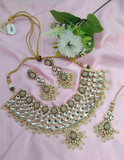 Pastel Green Kundan Necklace Indian Jewelry Lite Set