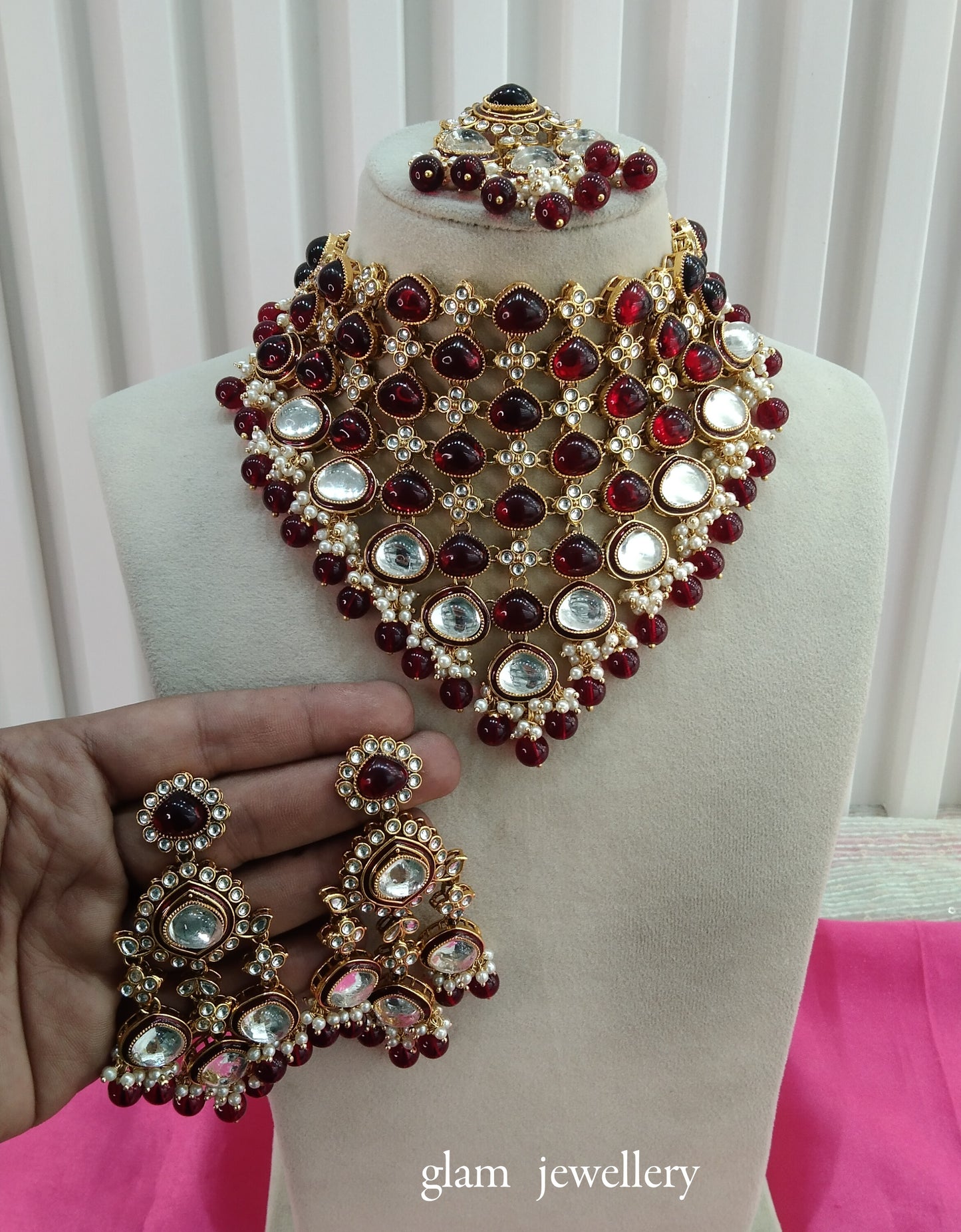 Maroon Kundan Necklace Indian Jewelry Land Set