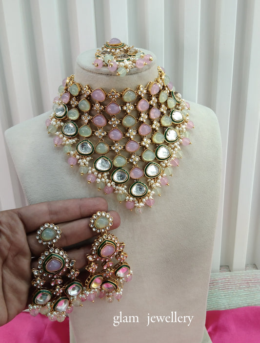 Mint Pink Kundan Necklace Indian Jewelry Land Set