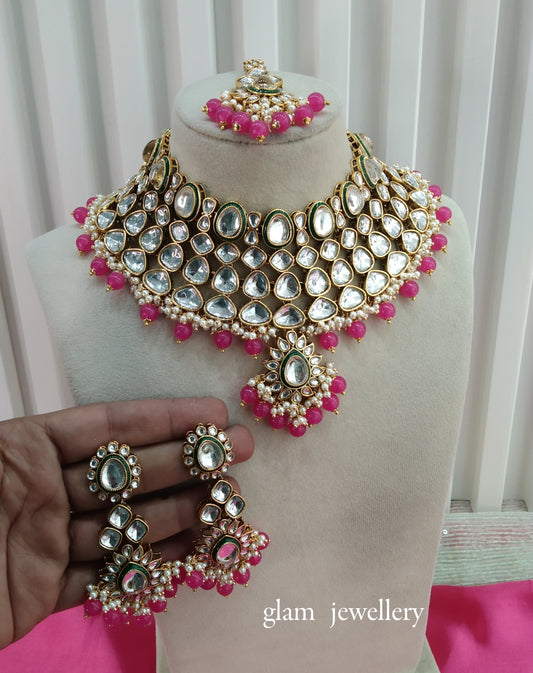 Dark Pink Kundan Necklace Indian Jewelry Lite Set