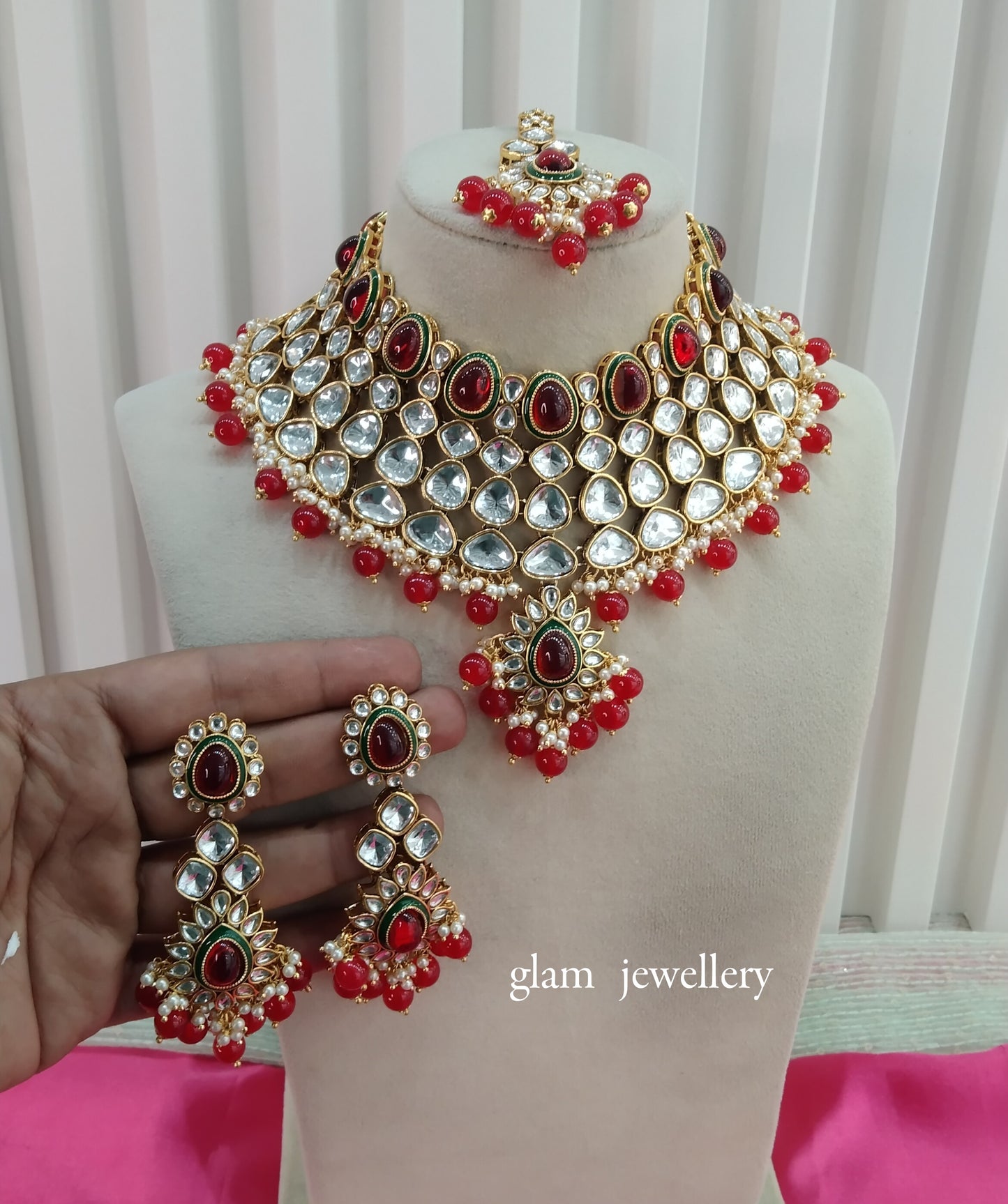 Red Kundan Necklace Indian Jewelry Lite Set