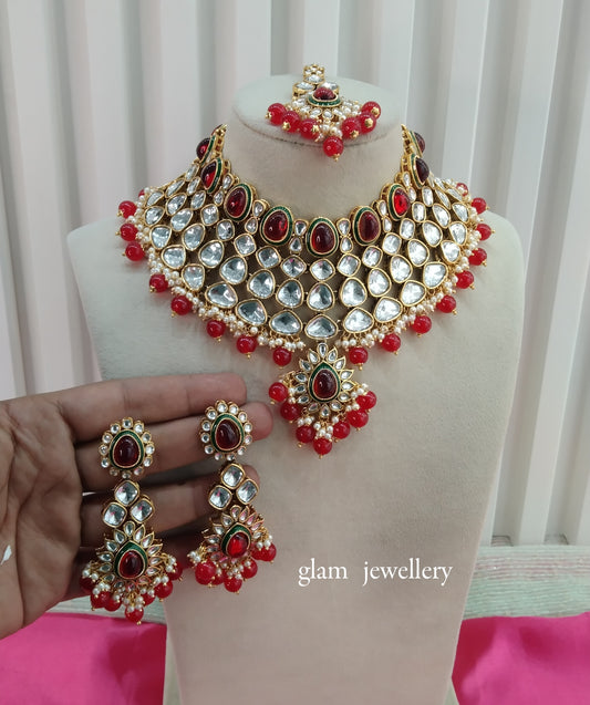 Red Kundan Necklace Indian Jewelry Lite Set