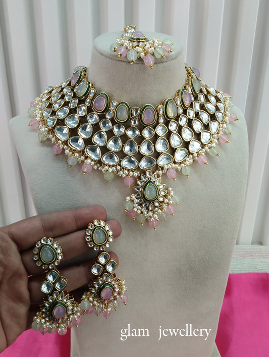 Mint Pink Kundan Necklace Indian Jewelry Lite Set