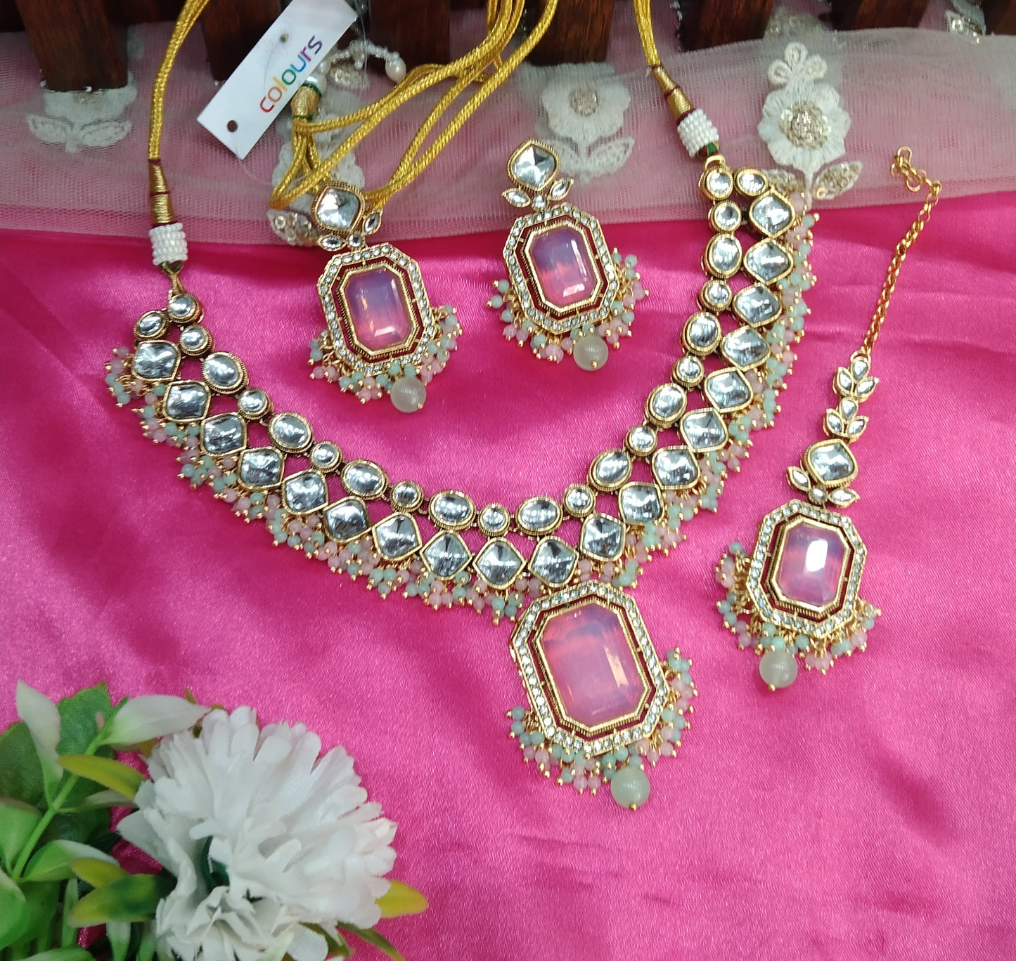 Mint Pink Kundan Necklace Indian Jewelry Legend Set