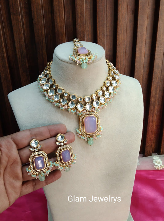 Mint Pink Kundan Necklace Indian Jewelry Legend Set