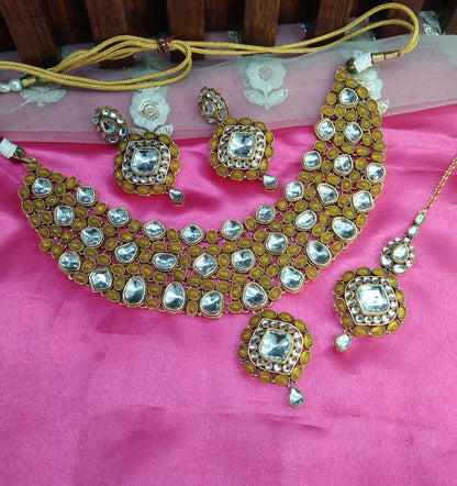 Yellow Kundan Necklace Indian Jewelry Life Set