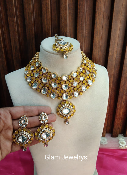 Yellow Kundan Necklace Indian Jewelry Life Set