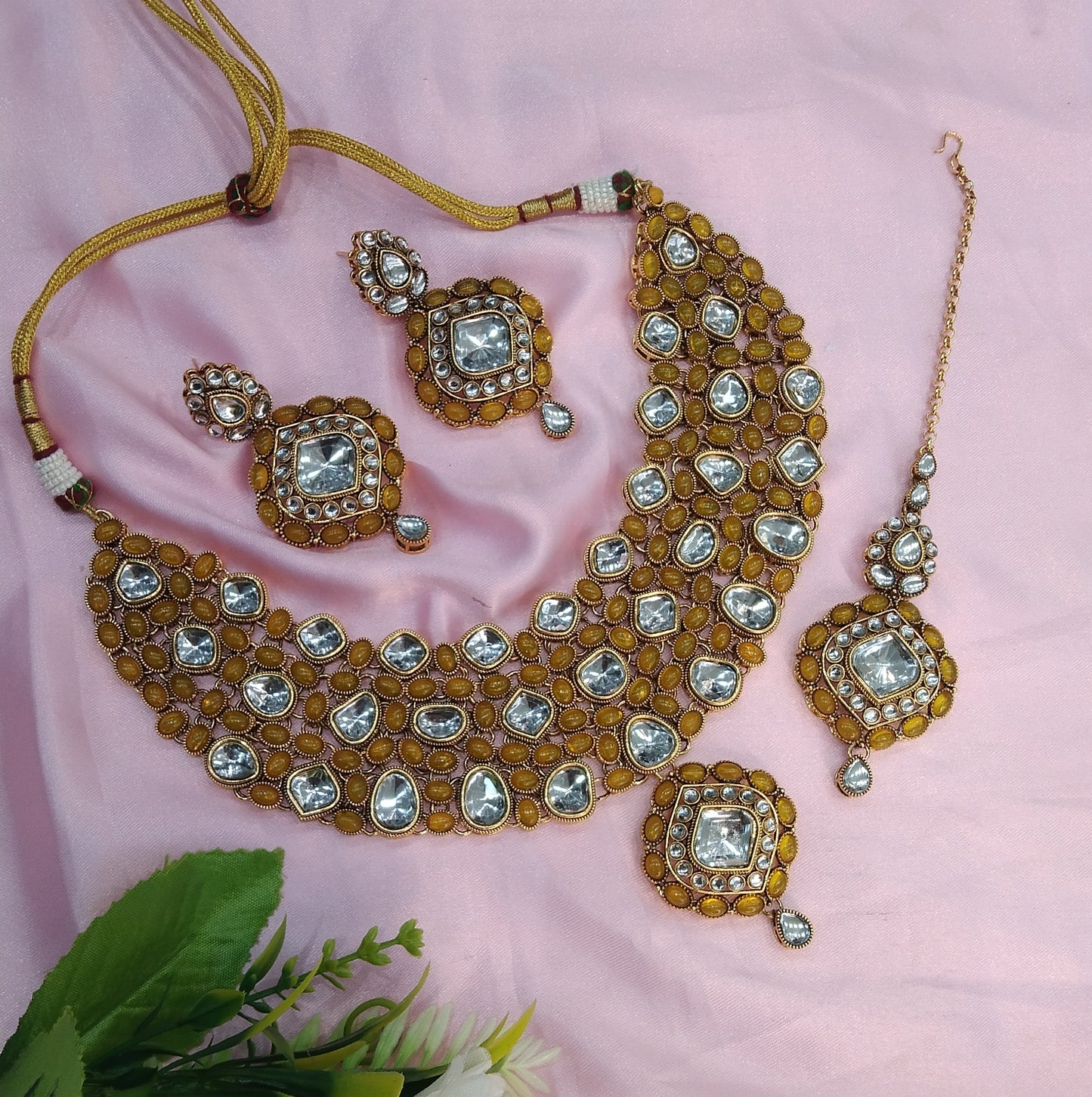 Yellow Kundan Necklace Indian Jewelry Life Set