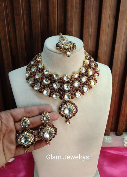 Maroon Kundan Necklace Indian Jewelry Life Set