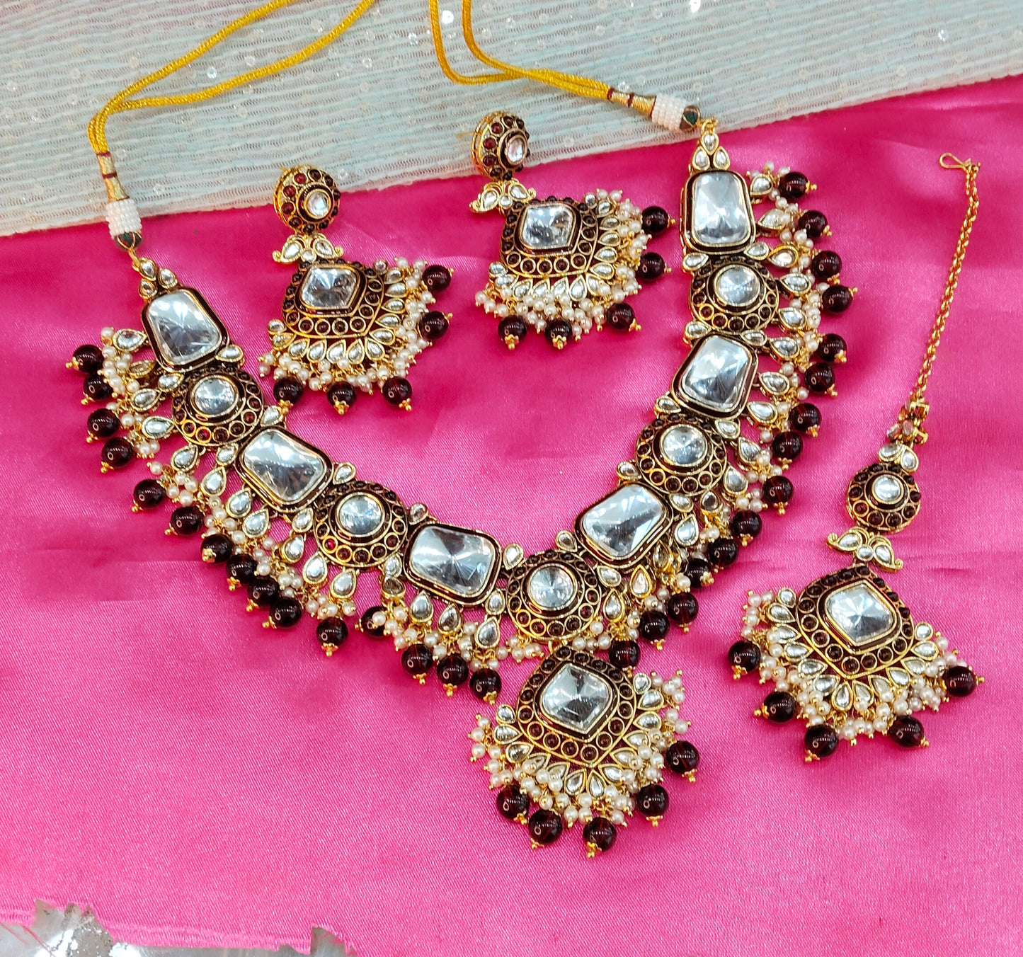 Maroon Kundan Necklace Indian Jewelry Letter Set