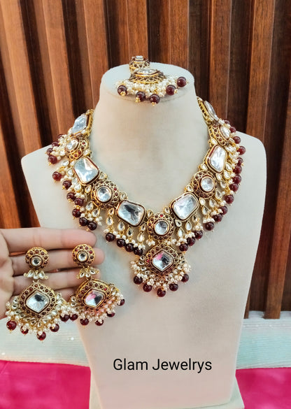 Maroon Kundan Necklace Indian Jewelry Letter Set