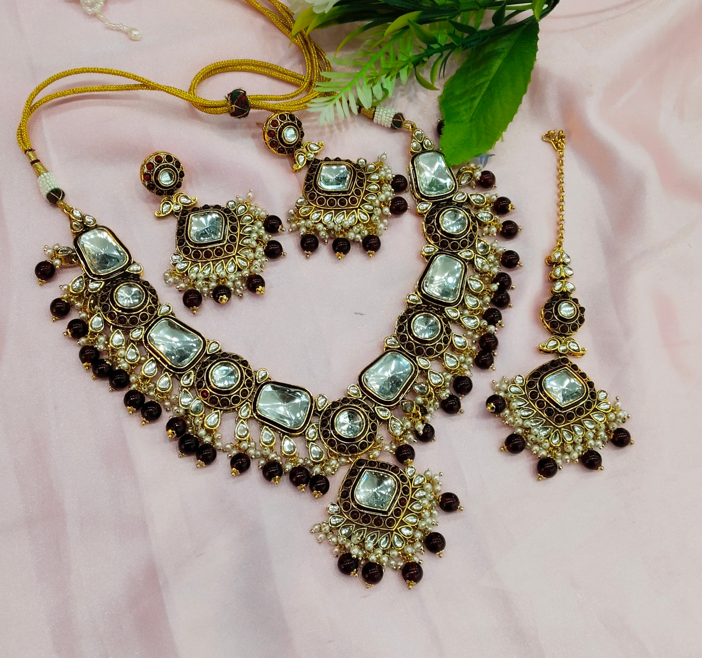 Maroon Kundan Necklace Indian Jewelry Letter Set