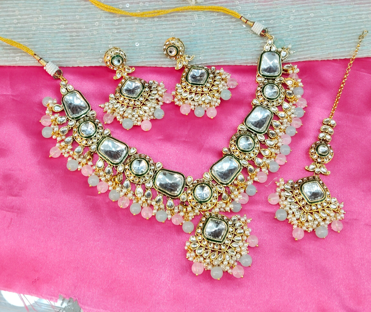 Sea Green Pink Kundan Necklace Indian Jewelry Letter Set