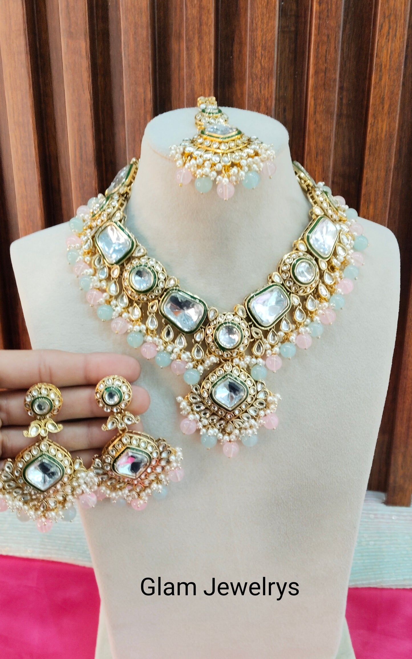 Sea Green Pink Kundan Necklace Indian Jewelry Letter Set