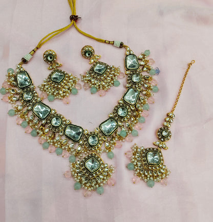 Sea Green Pink Kundan Necklace Indian Jewelry Letter Set