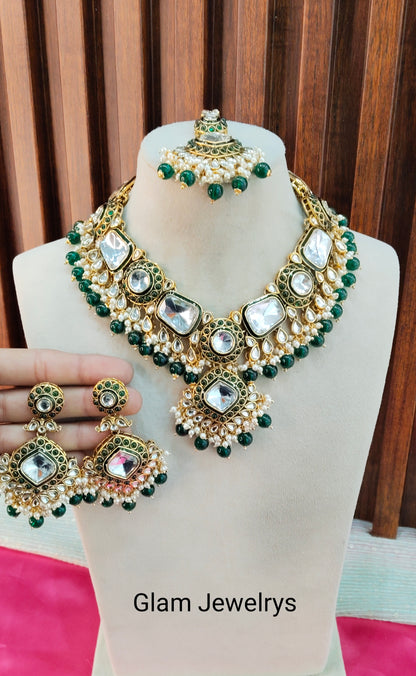 Green  Kundan Necklace Indian Jewelry Letter Set