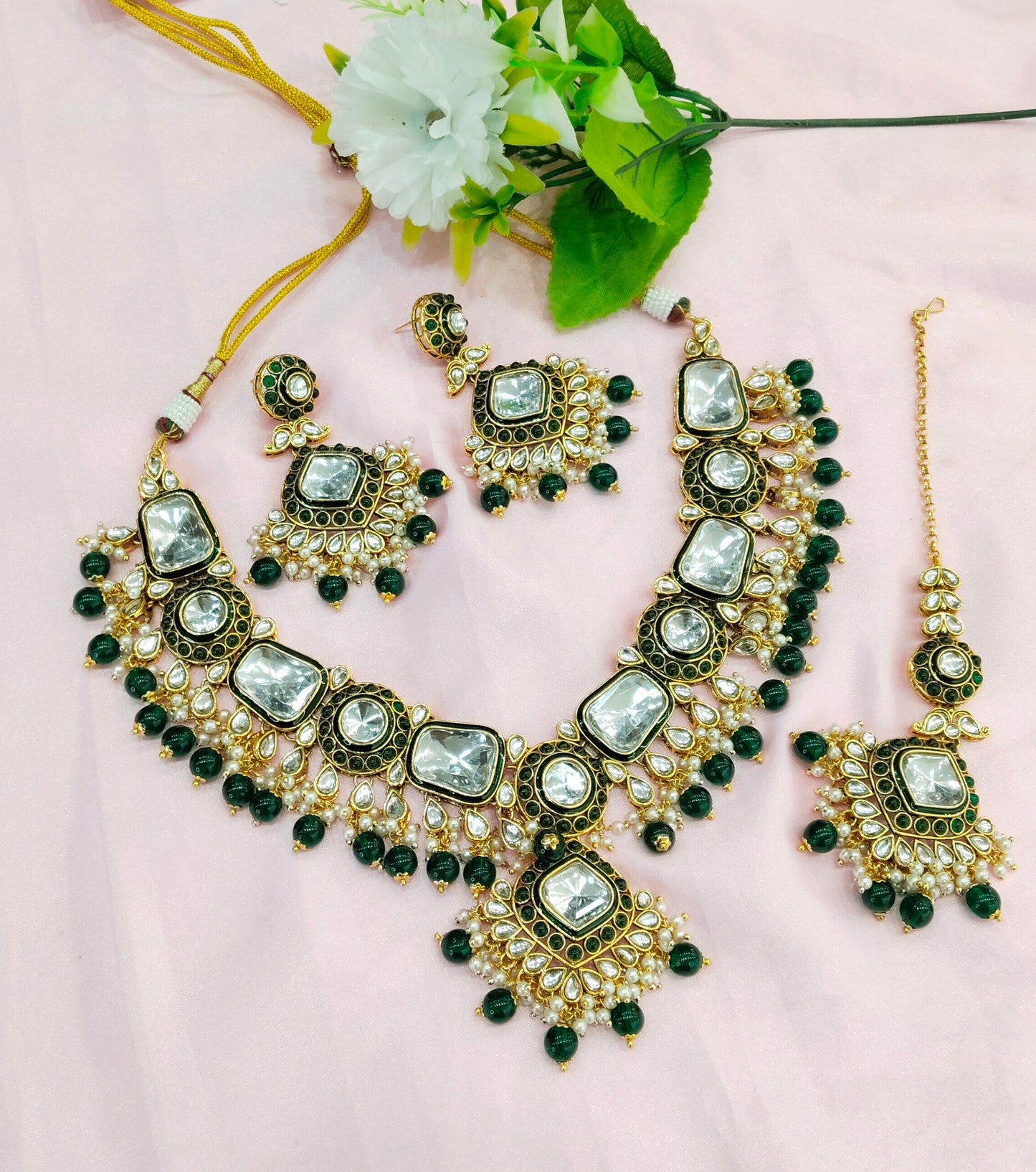 Green  Kundan Necklace Indian Jewelry Letter Set