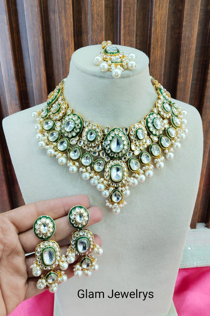 Gold White Meenakari Kundan Necklace Indian Jewelry Aman Set