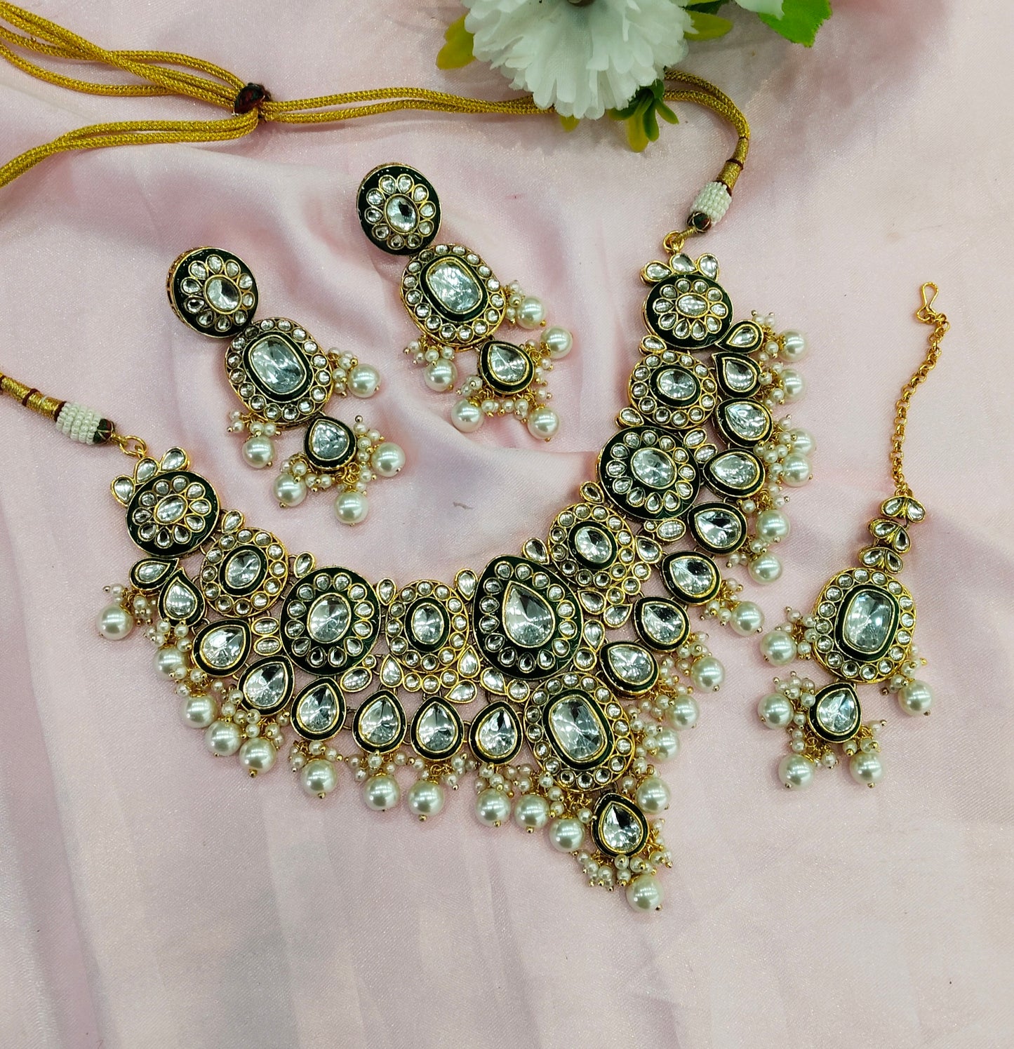 Gold White Meenakari Kundan Necklace Indian Jewelry Aman Set