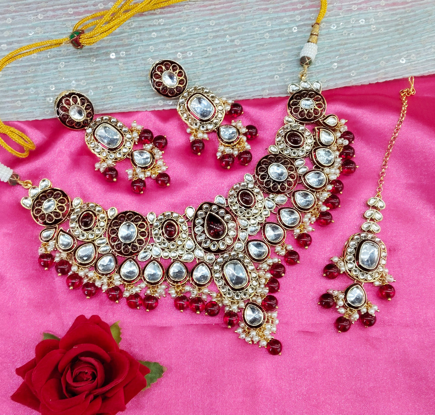 Maroon Meenakari Kundan Necklace Indian Jewelry Aman Set